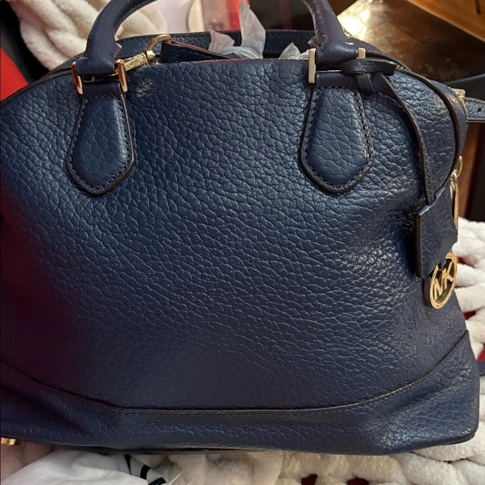 Michael Kors Navy Pebbled Leather Dome Satchel with MK Charm
